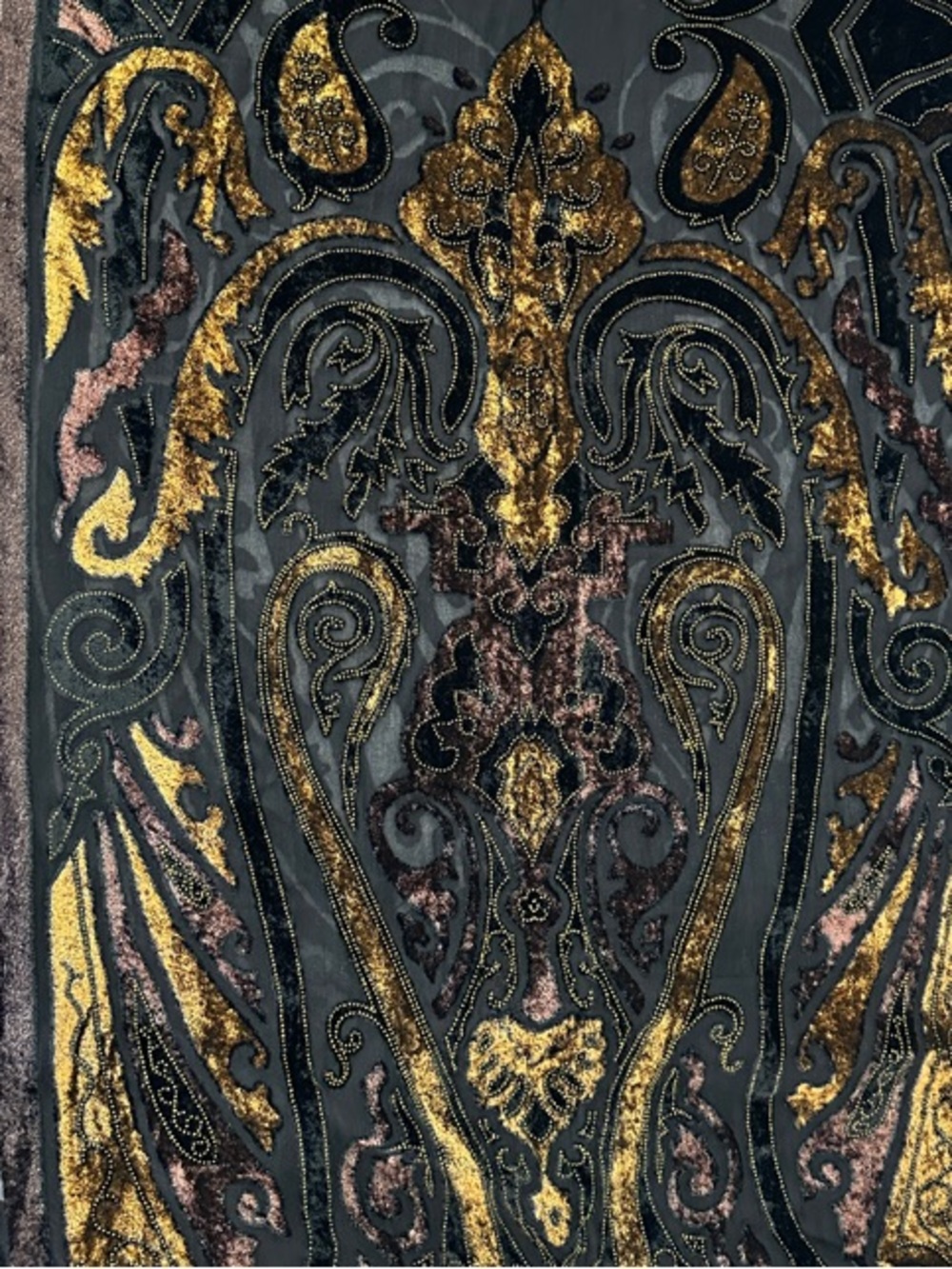 Black Velvet Flocked Burnout Scarf with Gold and Bronze Damask Motif